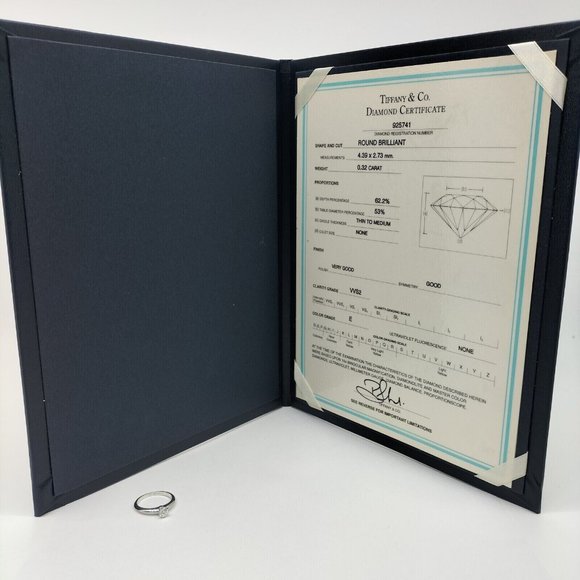 AUTH Tiffany and Co. Ring Solitaire Diamond VVS2 0.34ct Platinum Gold Ring 5 3/4 - Picture 2 of 9